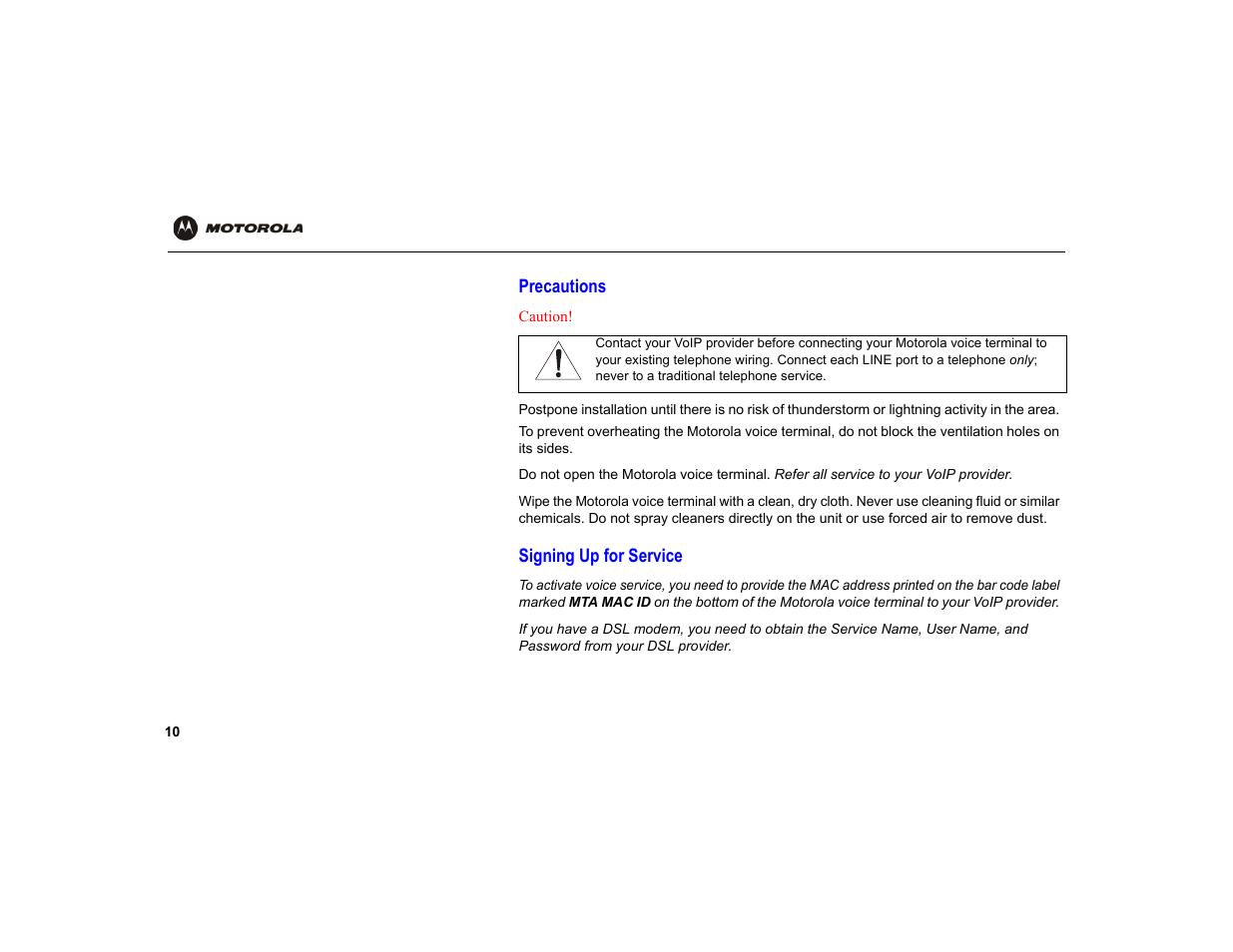 Precautions, Signing up for service | Motorola VT1000 User Manual | Page 16 / 42