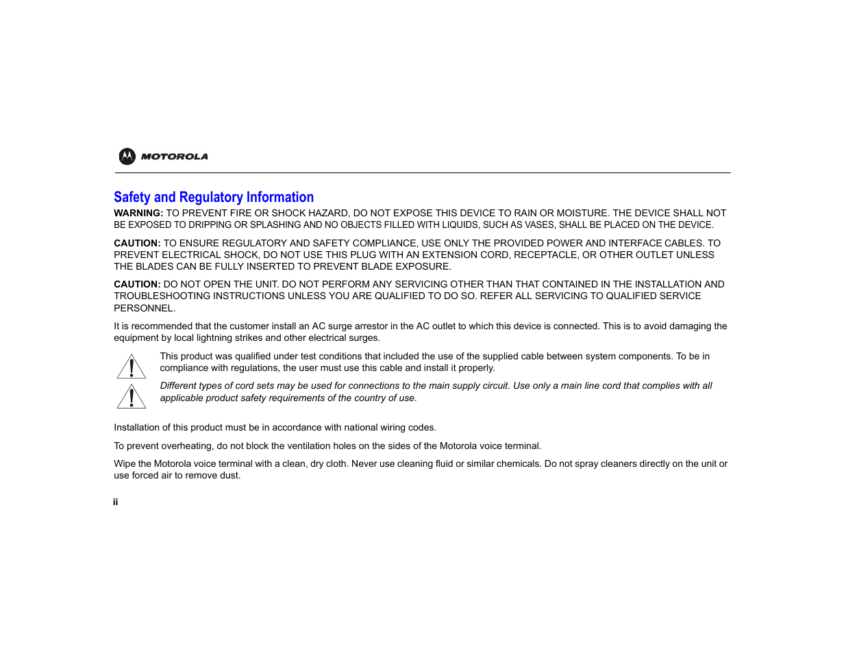Safety and regulatory information | Motorola VT1000 User Manual | Page 2 / 42