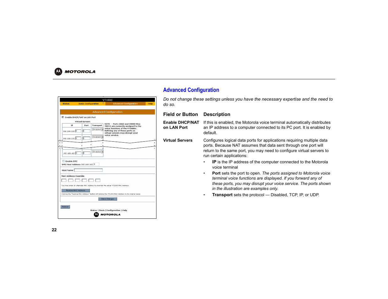 Advanced configuration | Motorola VT1000 User Manual | Page 28 / 42