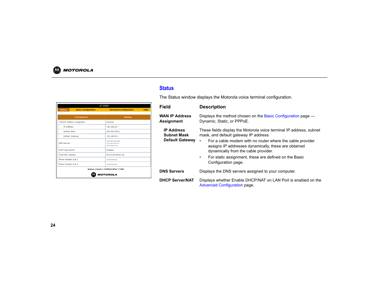 Status | Motorola VT1000 User Manual | Page 30 / 42