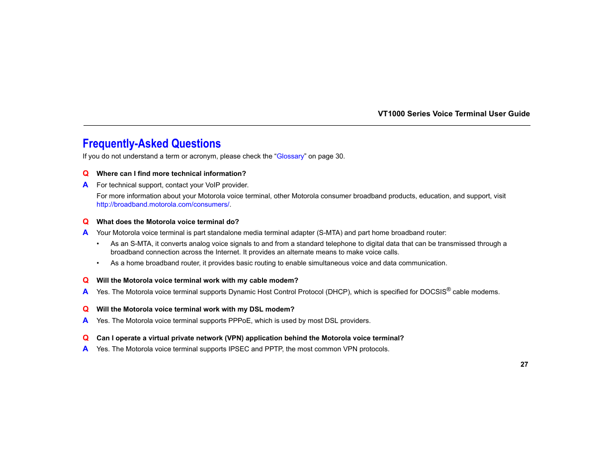 Frequently-asked questions | Motorola VT1000 User Manual | Page 33 / 42