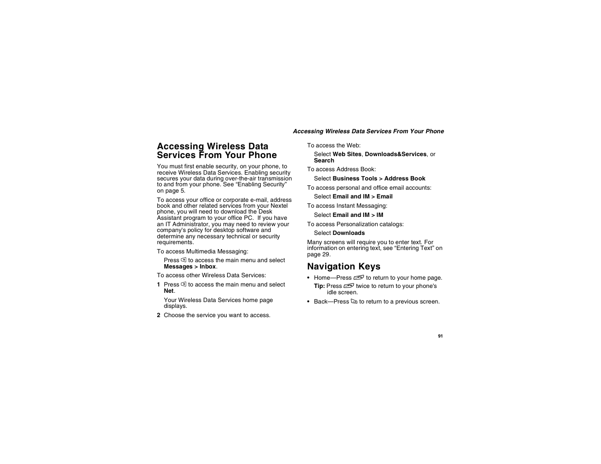 Accessing wireless data services from your phone, Navigation keys, Accessing wireless data services from | Your phone | Motorola i265 User Manual | Page 101 / 183