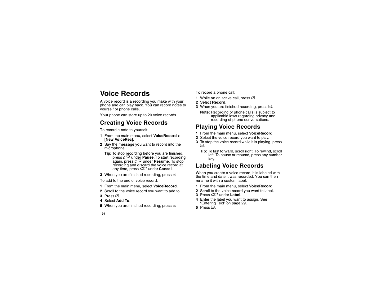 Voice records, Creating voice records, Playing voice records | Labeling voice records, Creating voice records playing voice records | Motorola i265 User Manual | Page 104 / 183