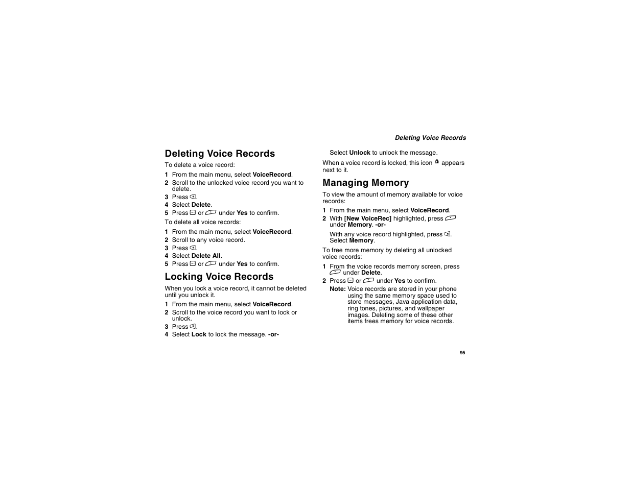 Deleting voice records, Locking voice records, Managing memory | Motorola i265 User Manual | Page 105 / 183