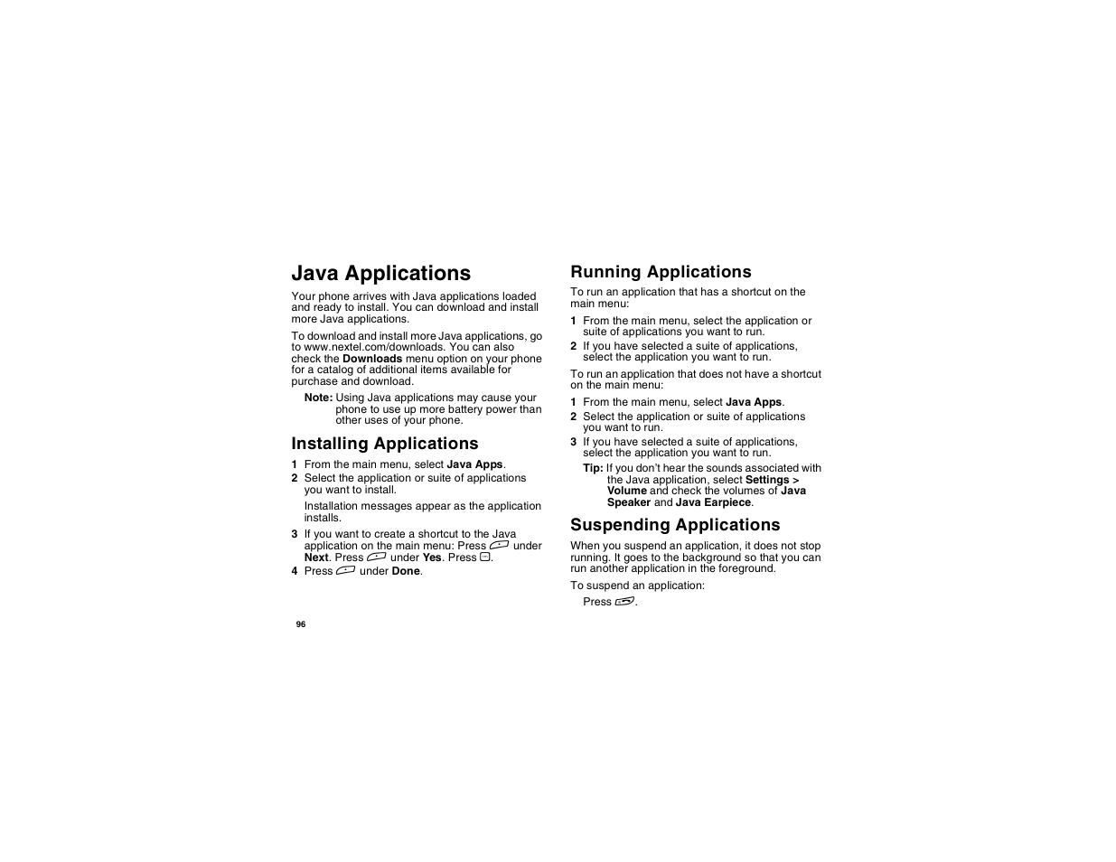 Java applications, Installing applications, Running applications | Suspending applications | Motorola i265 User Manual | Page 106 / 183