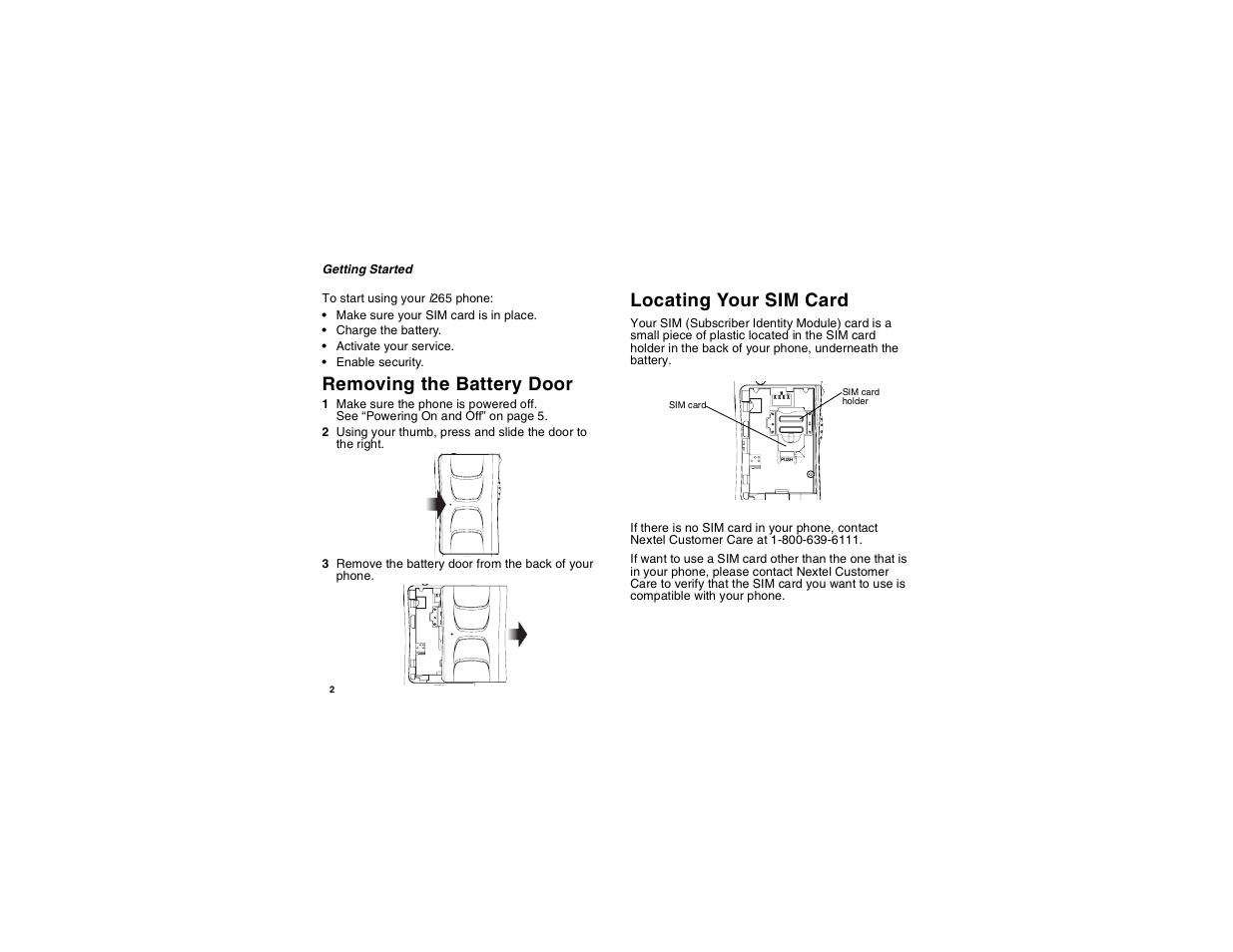 Removing the battery door, Locating your sim card, Removing the battery door locating your sim card | Motorola i265 User Manual | Page 12 / 183