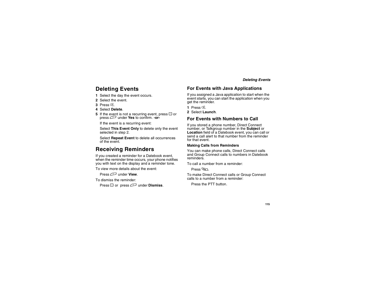 Deleting events, Receiving reminders | Motorola i265 User Manual | Page 125 / 183