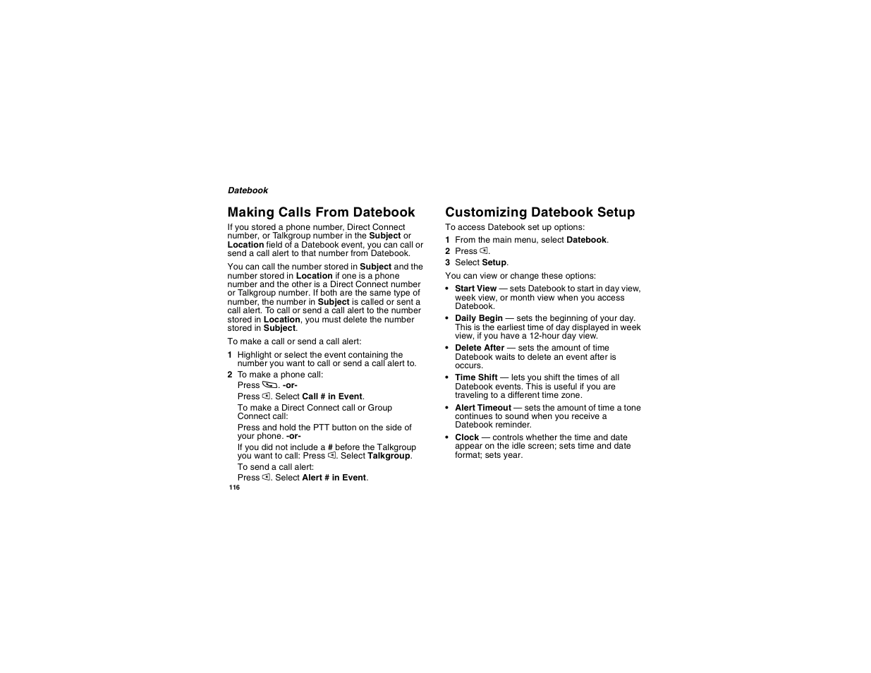 Making calls from datebook, Customizing datebook setup | Motorola i265 User Manual | Page 126 / 183