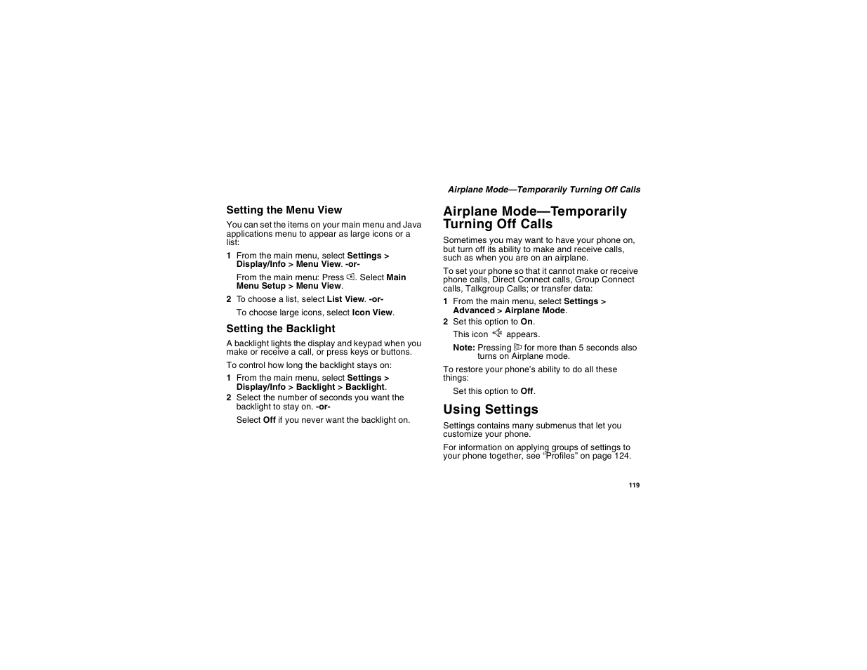 Airplane mode-temporarily turning off calls, Using settings, Airplane mode | Temporarily turning off calls, Airplane mode—temporarily turning off calls | Motorola i265 User Manual | Page 129 / 183