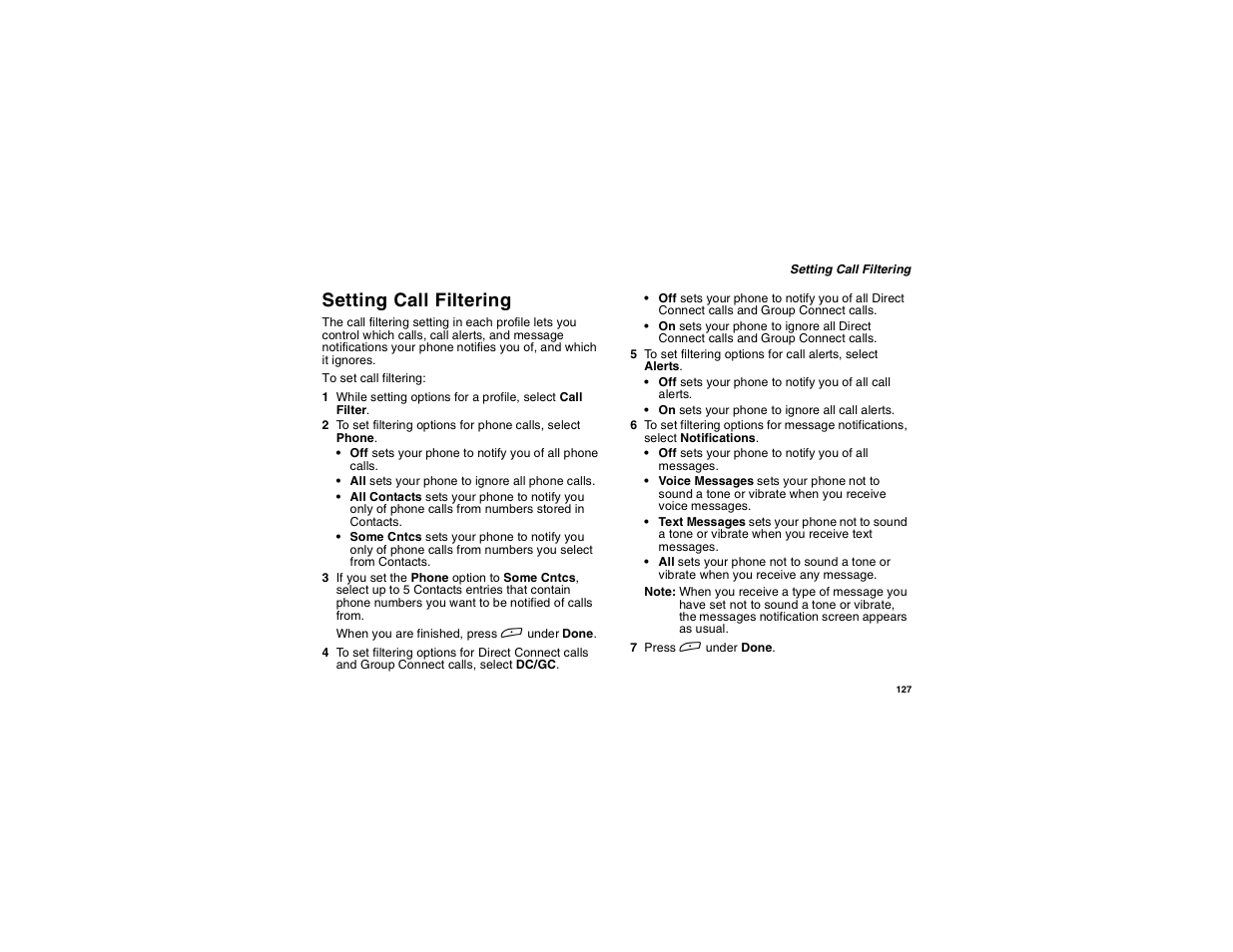 Setting call filtering | Motorola i265 User Manual | Page 137 / 183