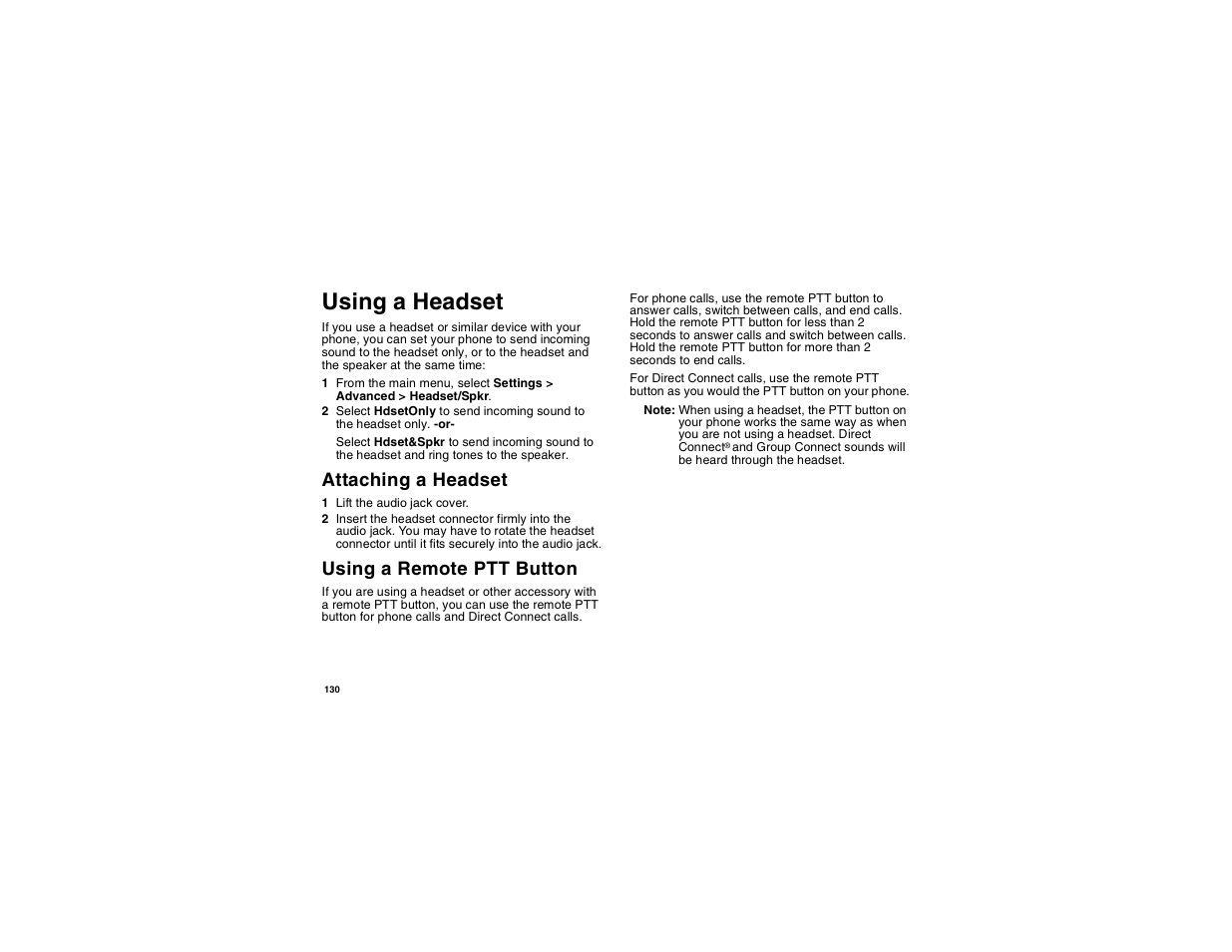 Using a headset, Attaching a headset, Using a remote ptt button | E “using a | Motorola i265 User Manual | Page 140 / 183