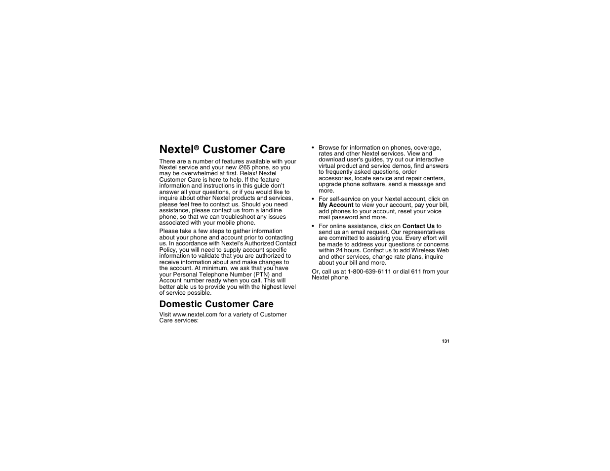 Nextel® customer care, Domestic customer care, Nextel | Customer care | Motorola i265 User Manual | Page 141 / 183