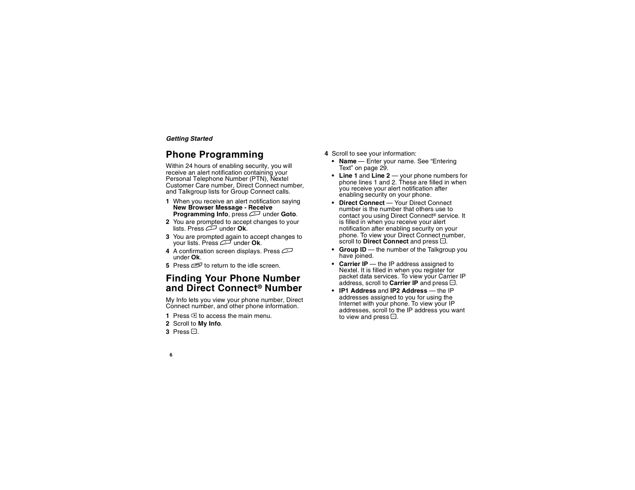 Phone programming, Connect, Finding your phone number and direct connect | Number | Motorola i265 User Manual | Page 16 / 183