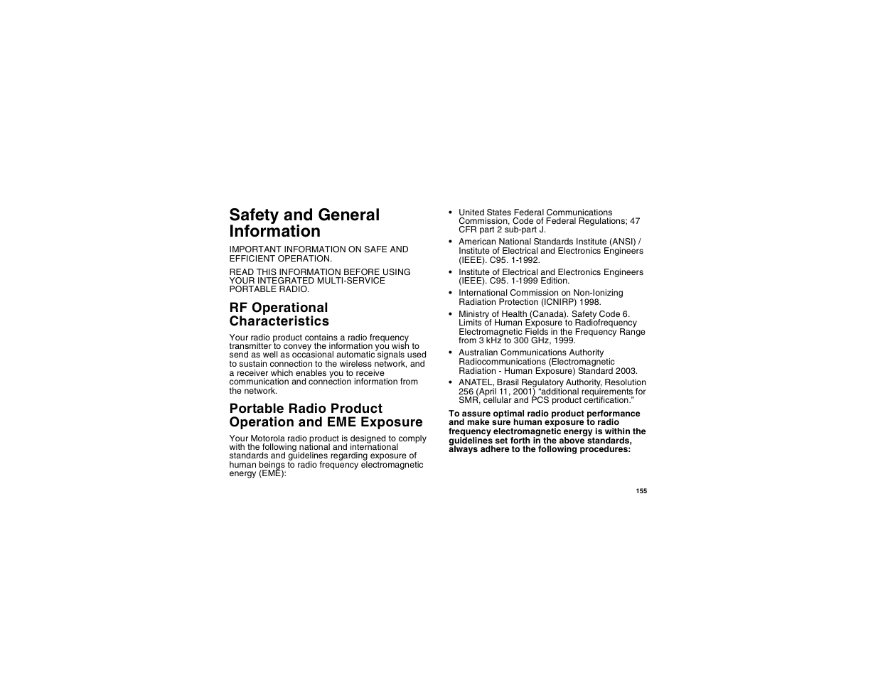 Safety and general information, Rf operational characteristics, Portable radio product operation and eme exposure | Eme exposure | Motorola i265 User Manual | Page 165 / 183