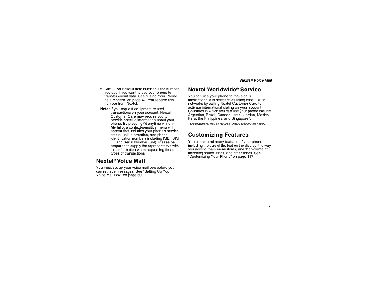 Nextel® voice mail, Nextel worldwide® service, Customizing features | Nextel, Nextel worldwide, Voice mail, Service | Motorola i265 User Manual | Page 17 / 183