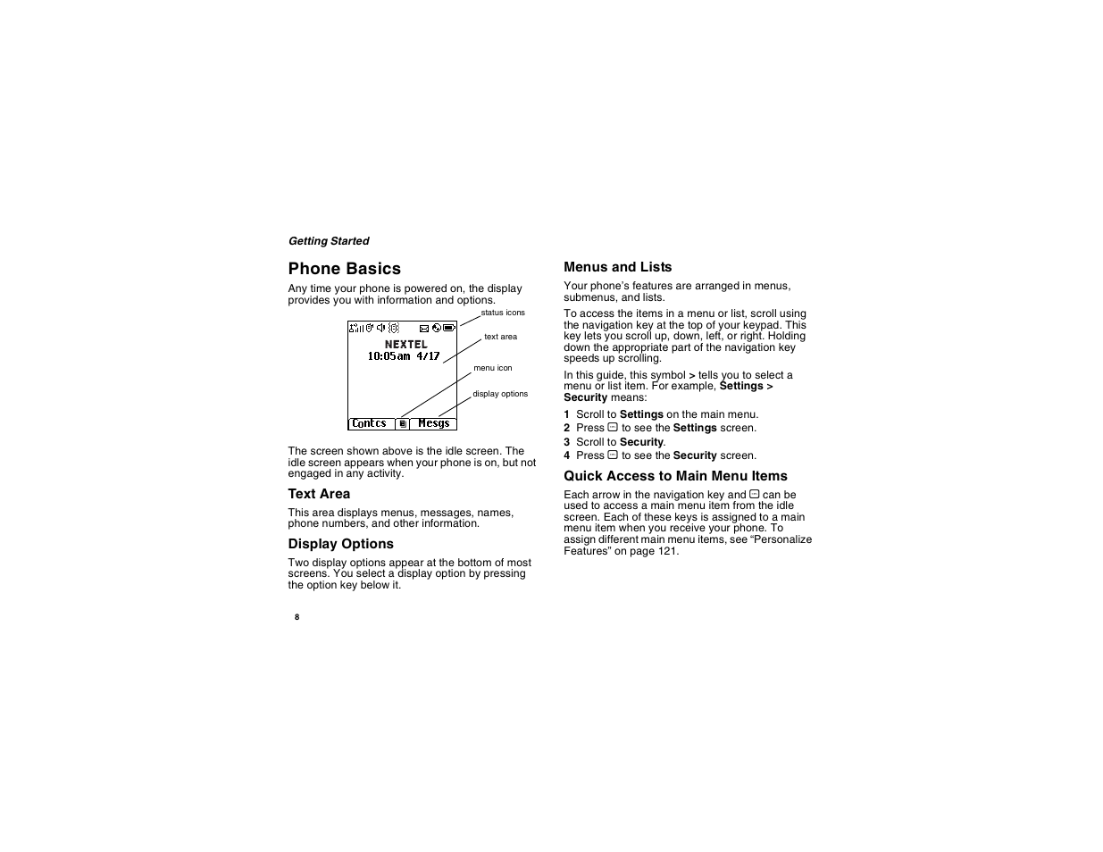 Phone basics | Motorola i265 User Manual | Page 18 / 183