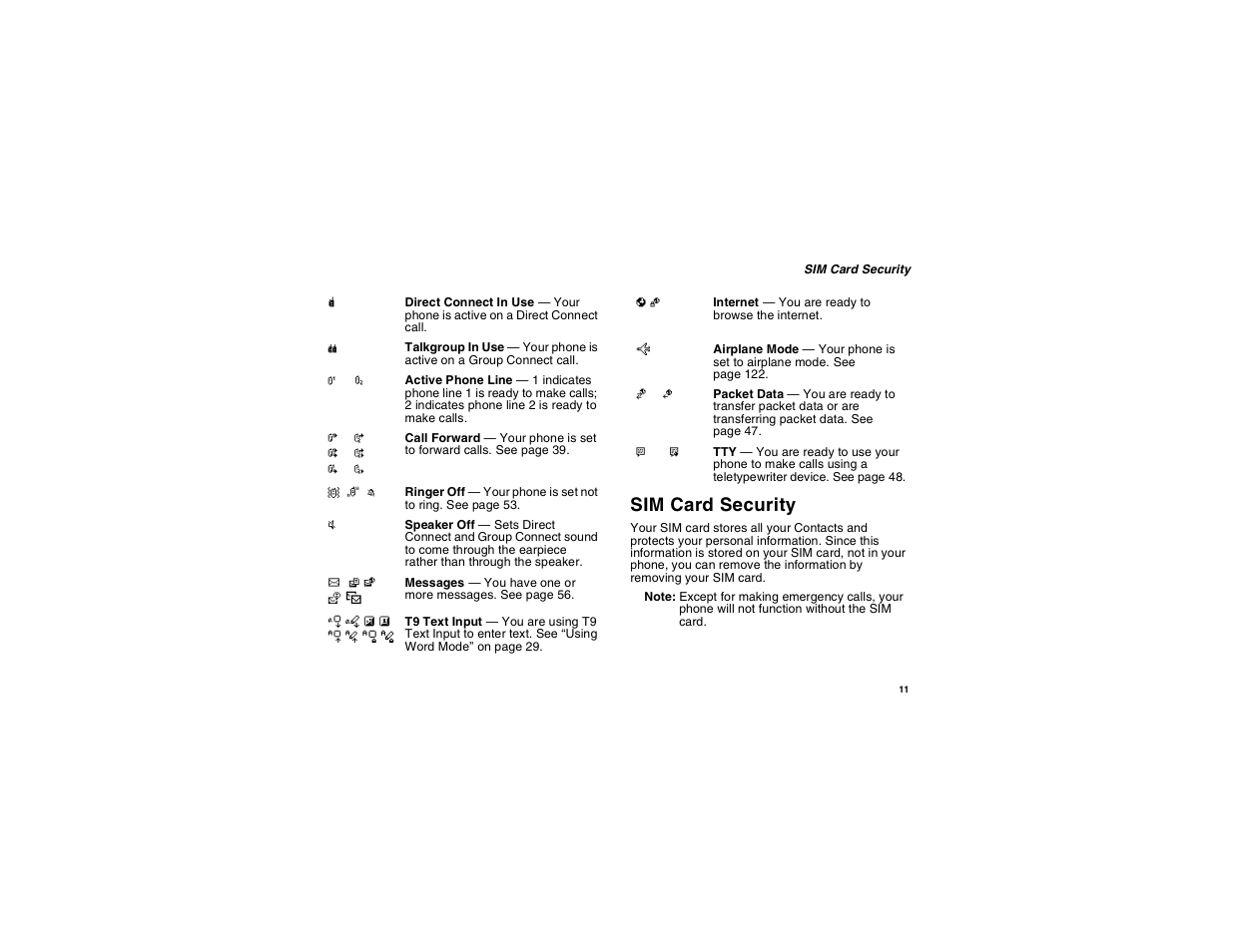 Sim card security | Motorola i265 User Manual | Page 21 / 183