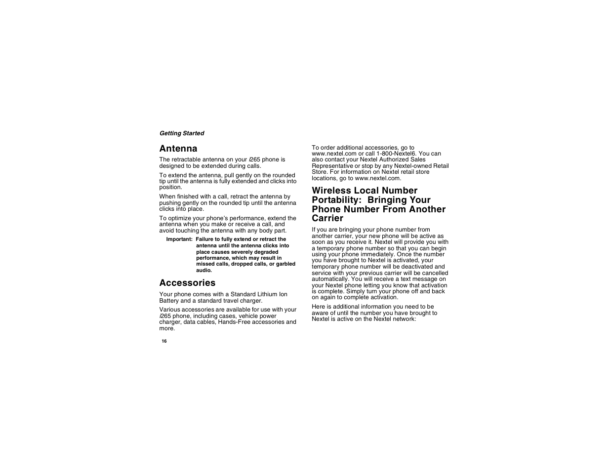 Antenna, Accessories, Antenna accessories | Wireless local number portability: bringing, Your phone number from another carrier | Motorola i265 User Manual | Page 26 / 183