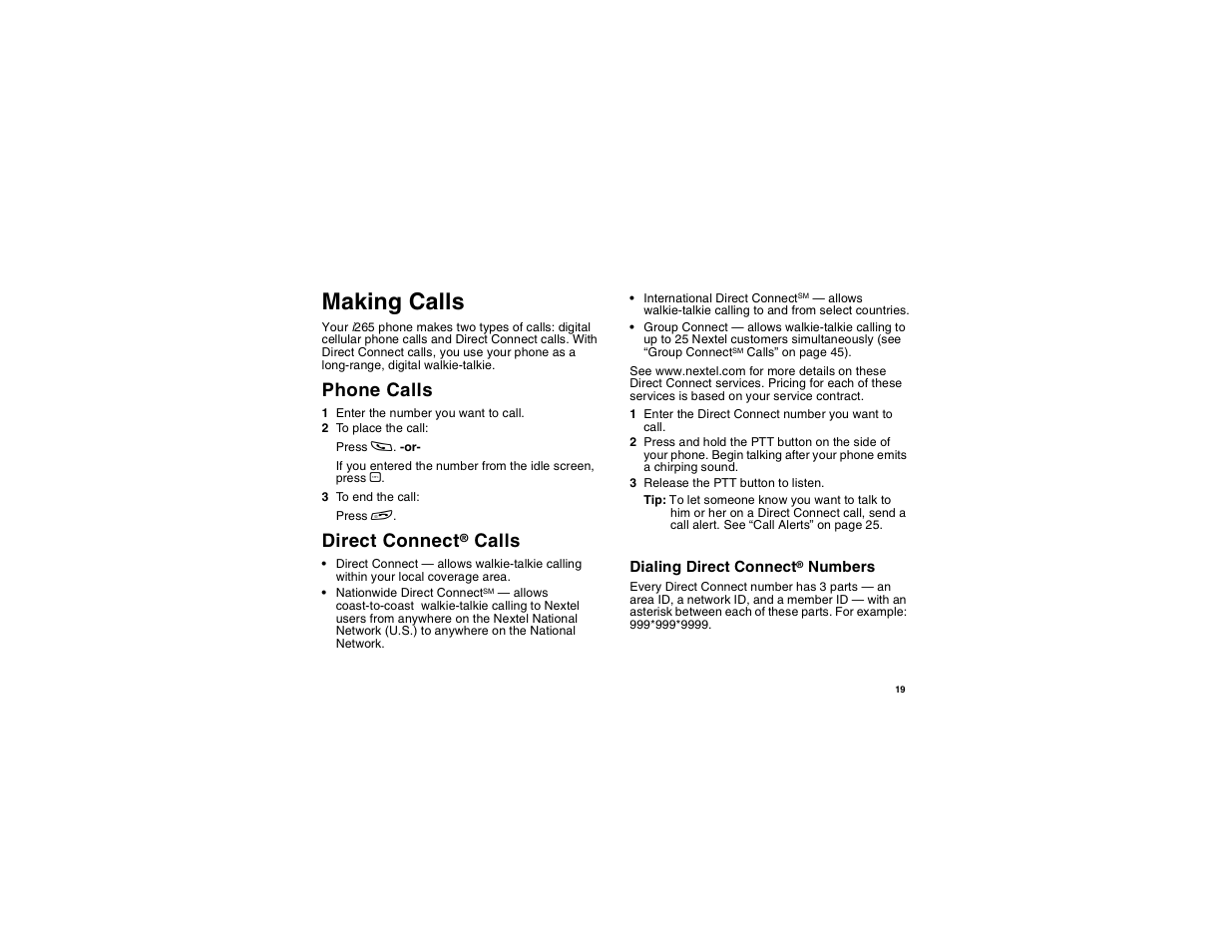 Making calls, Phone calls, Direct connect® calls | Direct connect, Calls | Motorola i265 User Manual | Page 29 / 183