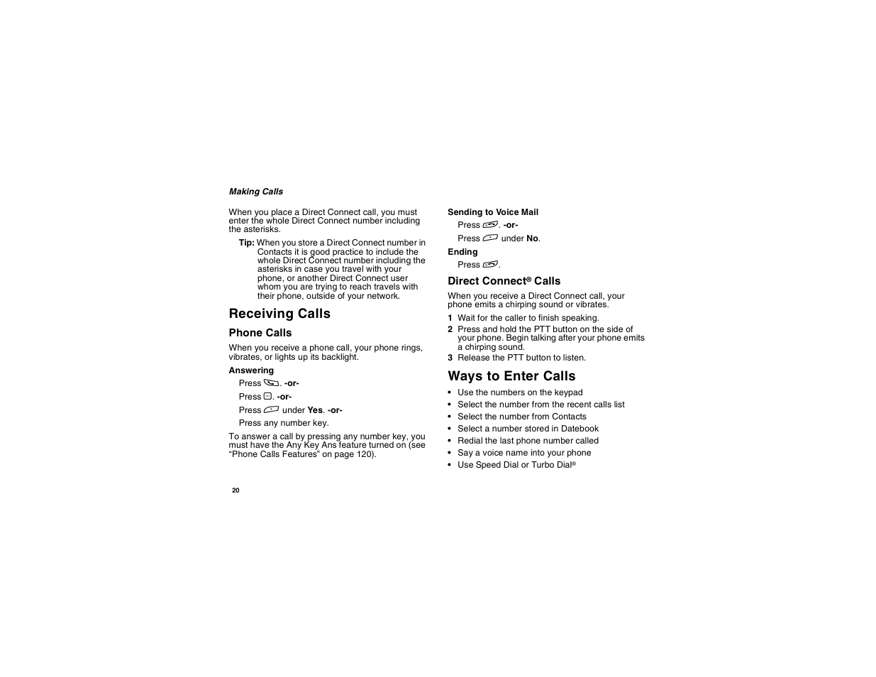 Receiving calls, Ways to enter calls | Motorola i265 User Manual | Page 30 / 183