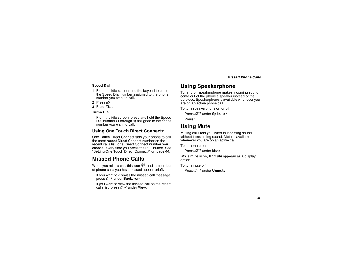 Missed phone calls, Using speakerphone, Using mute | Missed phone calls using speakerphone | Motorola i265 User Manual | Page 33 / 183