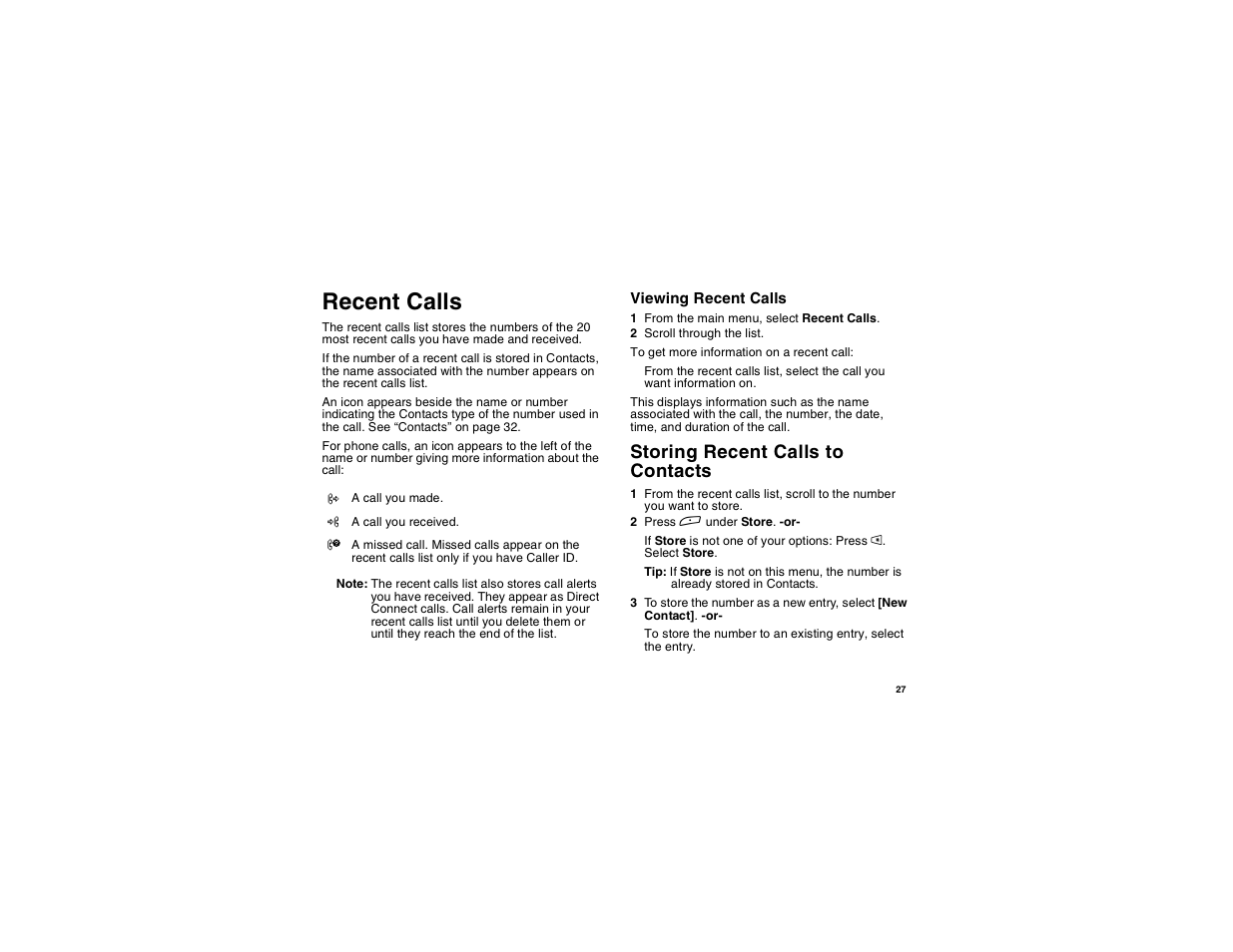 Recent calls, Storing recent calls to contacts | Motorola i265 User Manual | Page 37 / 183