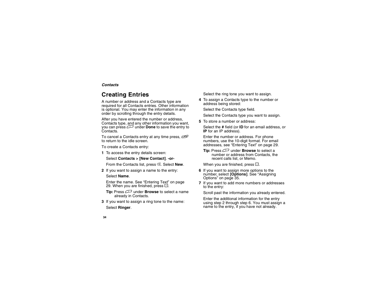Creating entries | Motorola i265 User Manual | Page 44 / 183