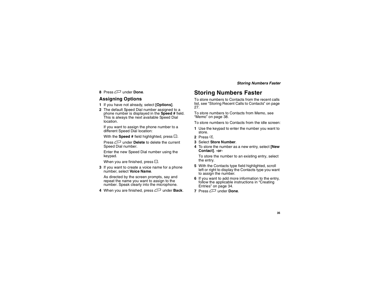 Storing numbers faster | Motorola i265 User Manual | Page 45 / 183