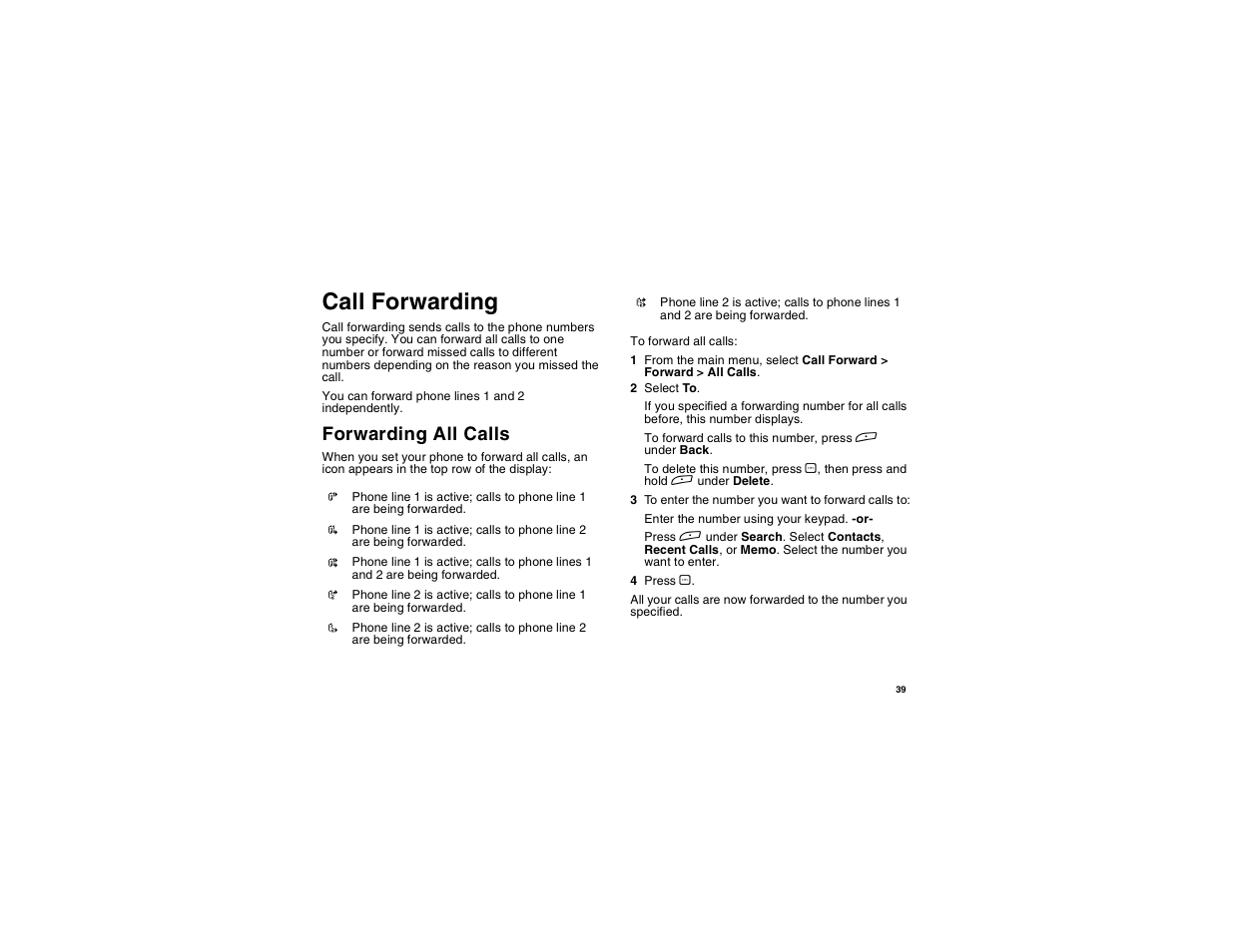 Call forwarding, Forwarding all calls | Motorola i265 User Manual | Page 49 / 183