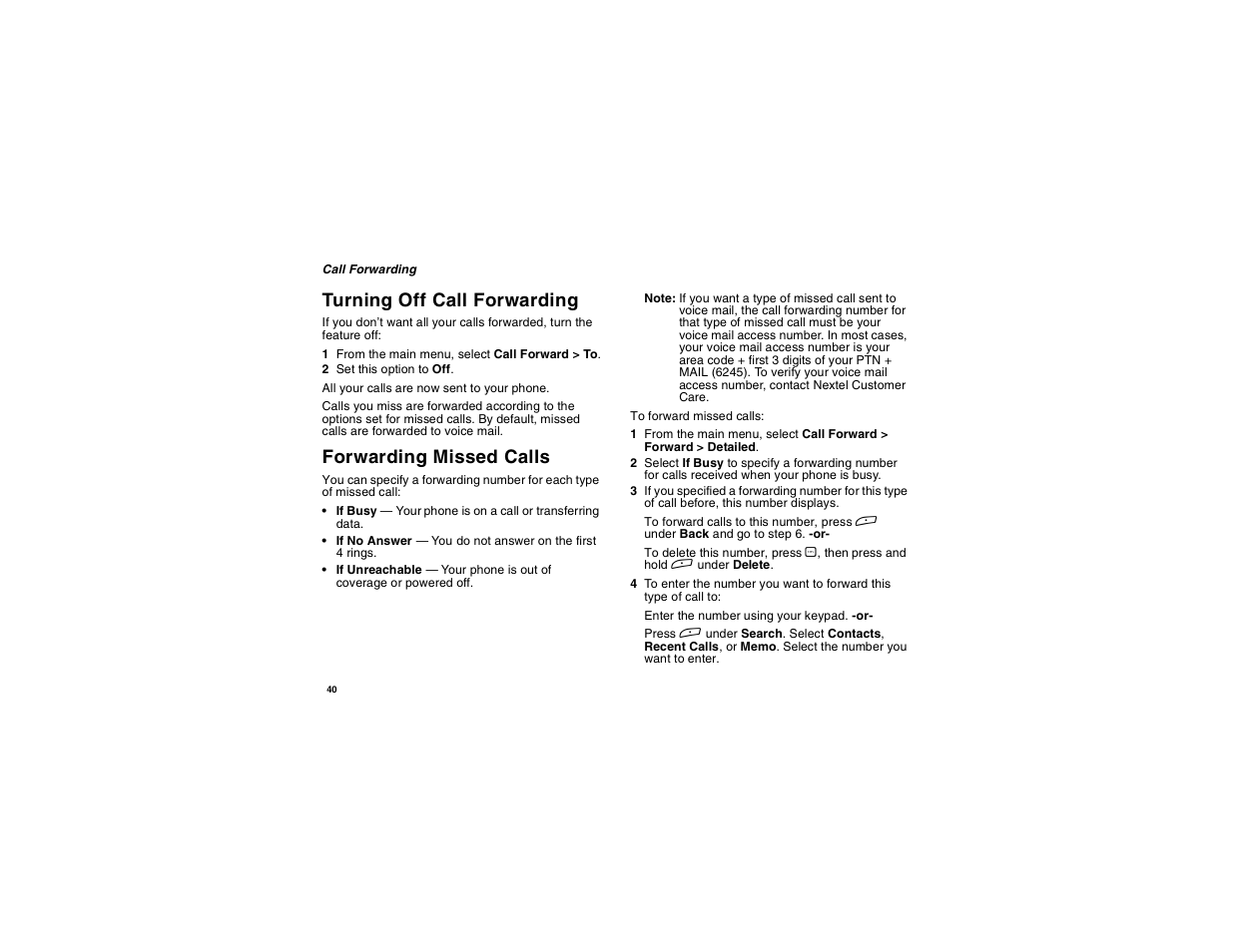 Turning off call forwarding, Forwarding missed calls | Motorola i265 User Manual | Page 50 / 183