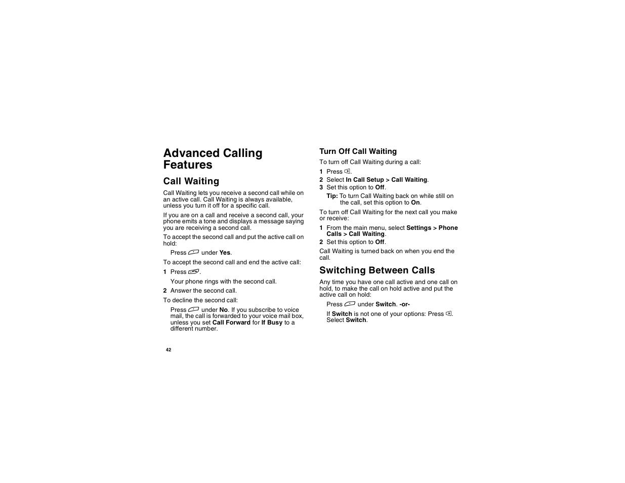 Advanced calling features, Call waiting, Switching between calls | Call waiting switching between calls | Motorola i265 User Manual | Page 52 / 183