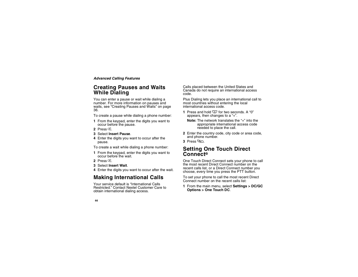 Creating pauses and waits while dialing, Making international calls, Setting one touch direct connect | Motorola i265 User Manual | Page 54 / 183