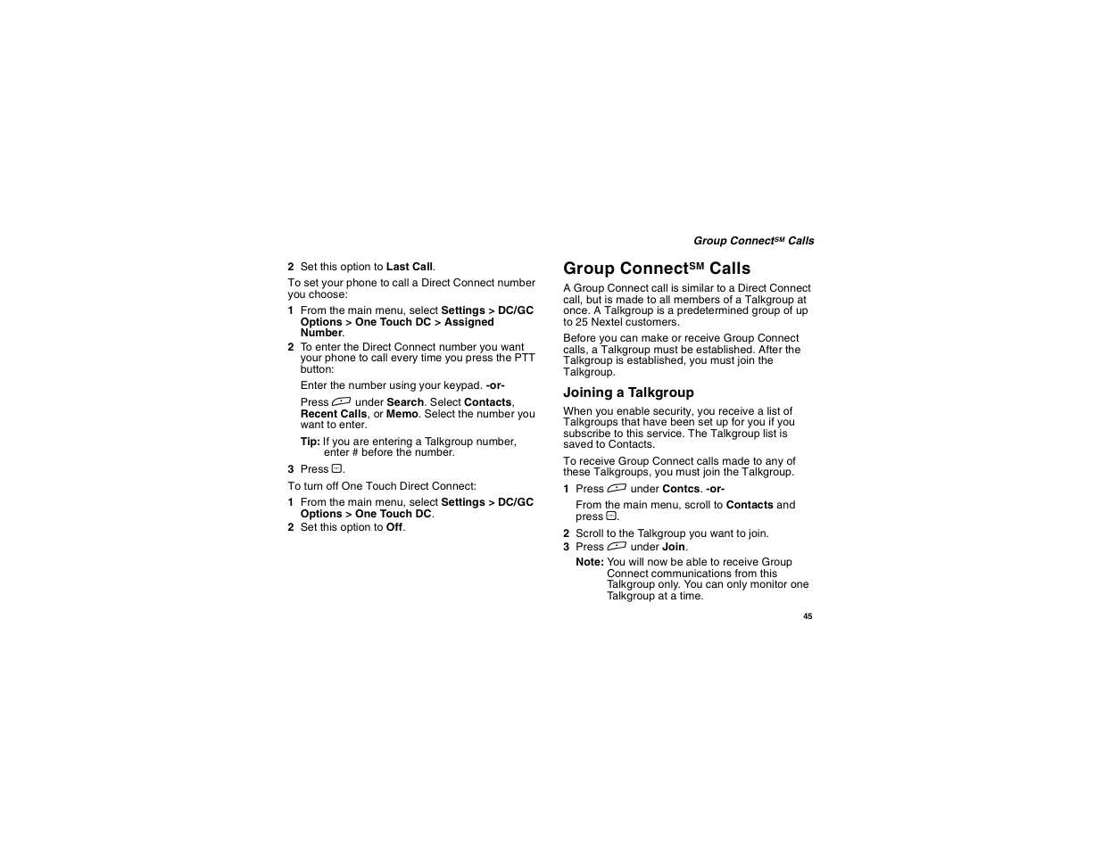 Group connectsm calls, Group connect, Calls | Motorola i265 User Manual | Page 55 / 183