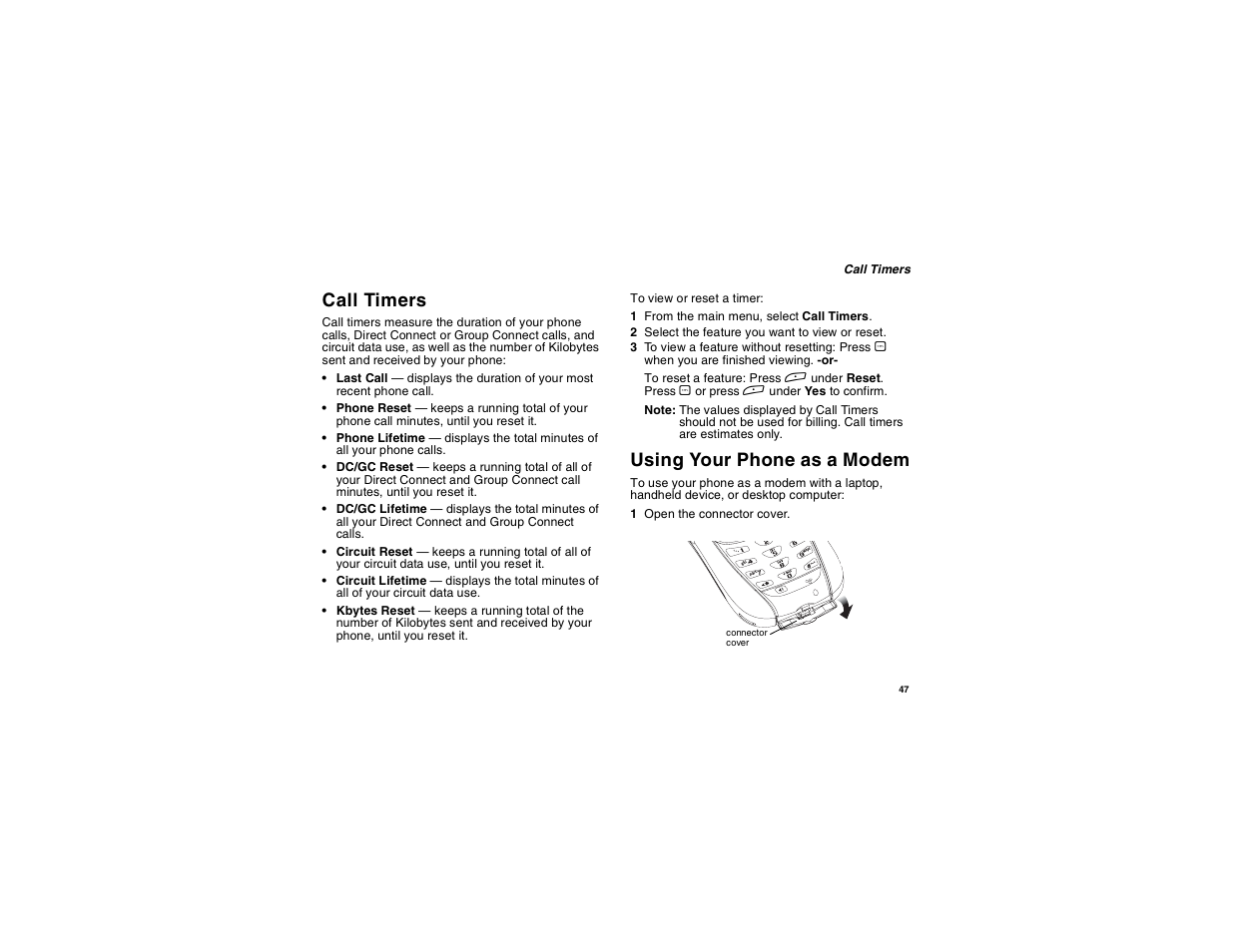 Call timers, Using your phone as a modem | Motorola i265 User Manual | Page 57 / 183