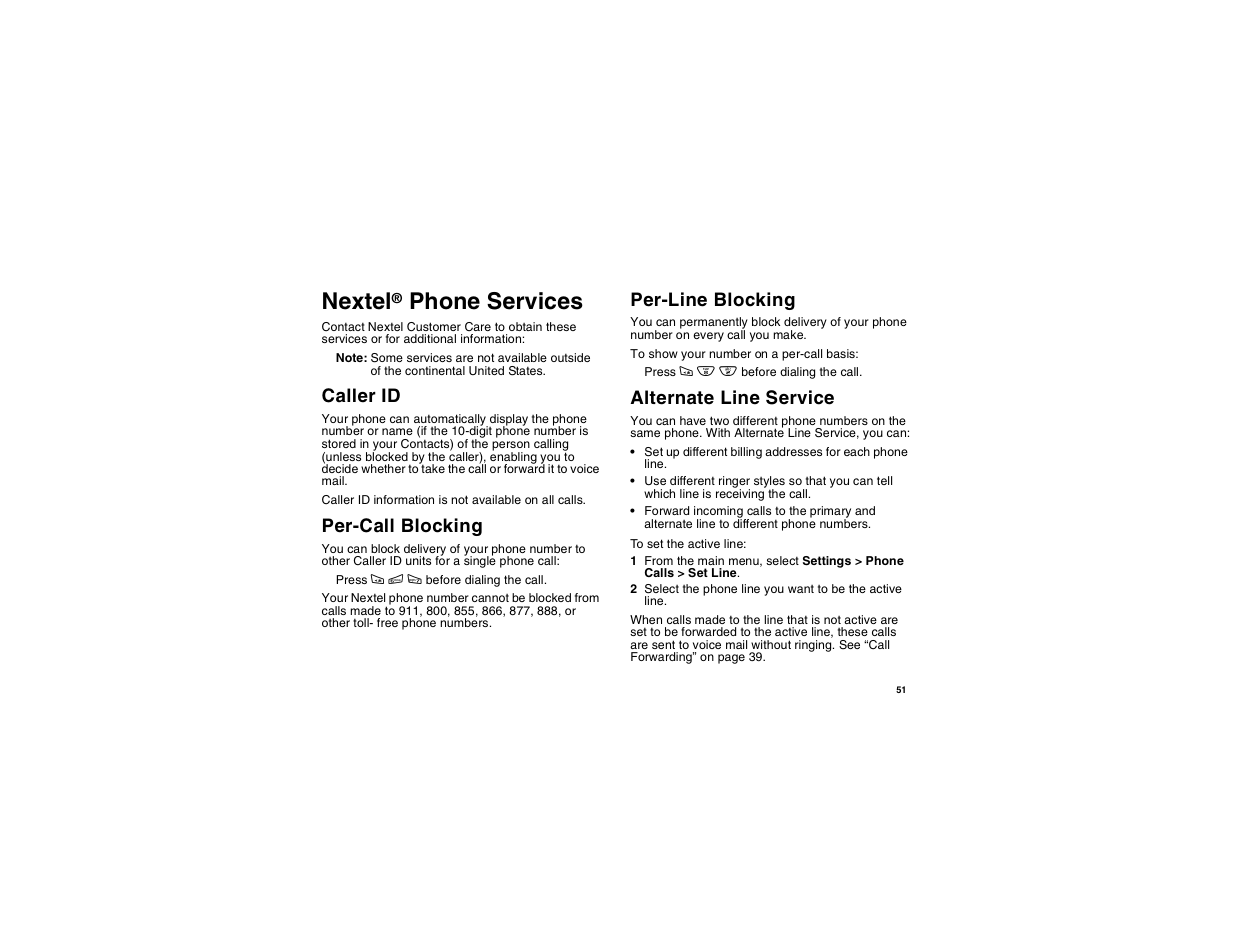 Nextel® phone services, Caller id, Per-call blocking | Per-line blocking, Alternate line service, Nextel, Phone services | Motorola i265 User Manual | Page 61 / 183