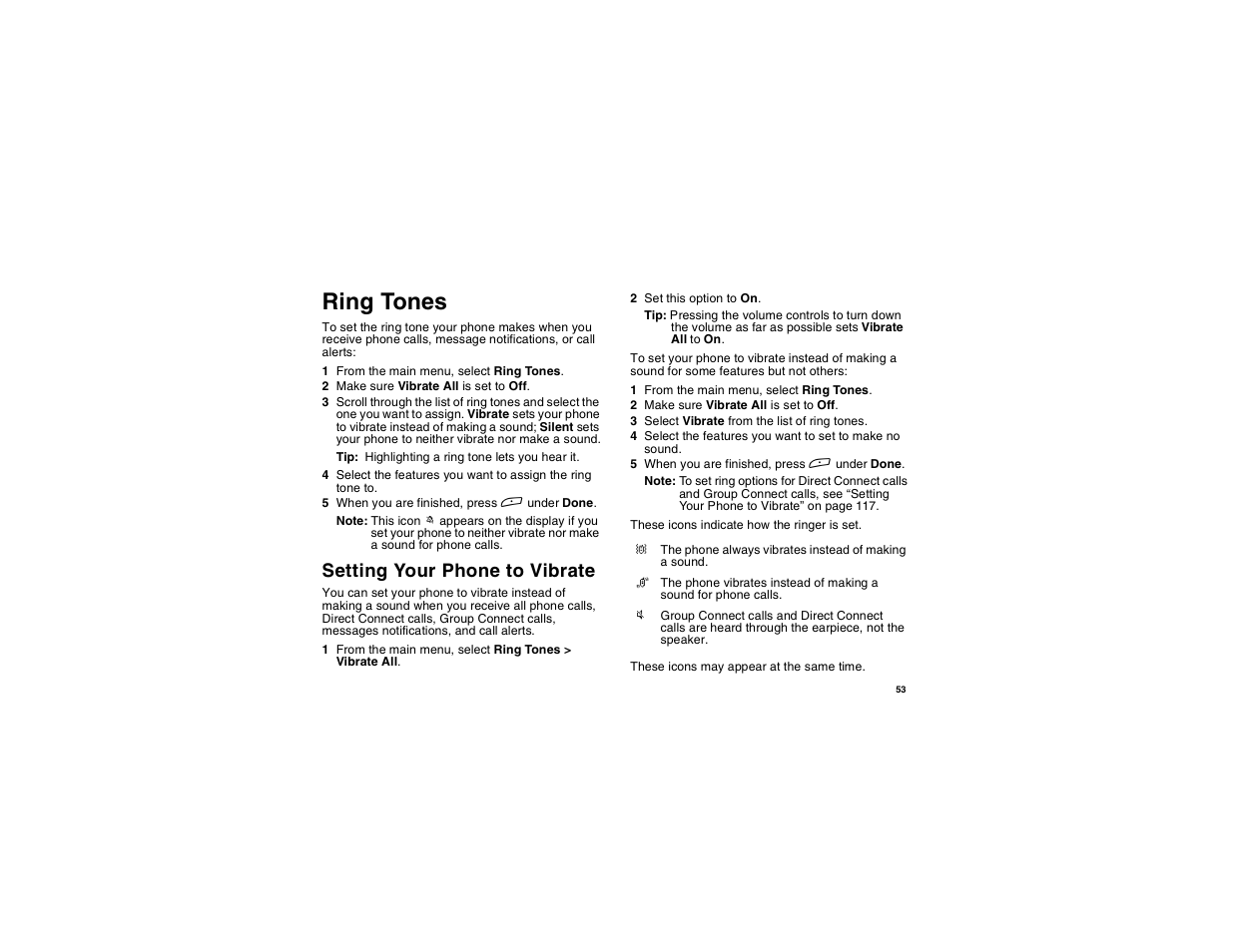 Ring tones, Setting your phone to vibrate | Motorola i265 User Manual | Page 63 / 183