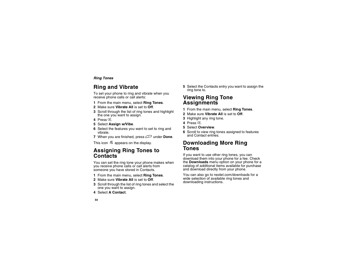 Ring and vibrate, Assigning ring tones to contacts, Viewing ring tone assignments | Downloading more ring tones | Motorola i265 User Manual | Page 64 / 183