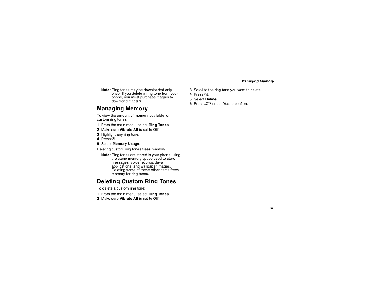 Managing memory, Deleting custom ring tones | Motorola i265 User Manual | Page 65 / 183