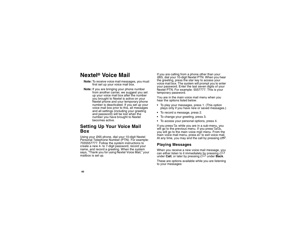 Nextel® voice mail, Setting up your voice mail box, Playing messages | Nextel, Setting up your voice mail box playing messages, Voice mail | Motorola i265 User Manual | Page 70 / 183