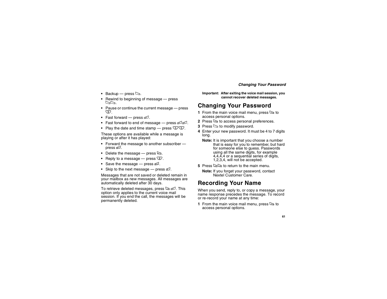 Changing your password, Recording your name | Motorola i265 User Manual | Page 71 / 183