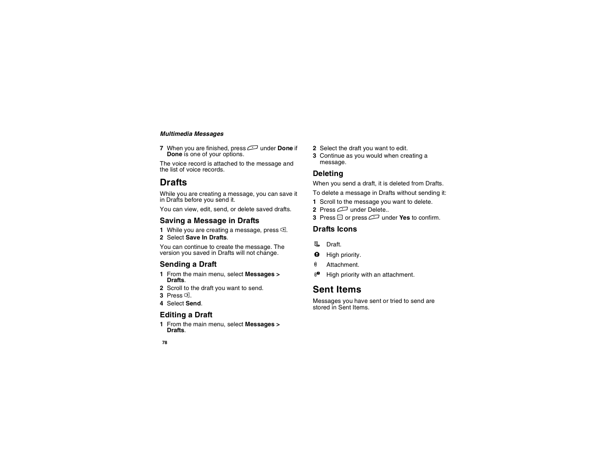 Drafts, Saving a message in drafts, Sending a draft | Editing a draft, Deleting, Drafts icons, Sent items | Motorola i265 User Manual | Page 88 / 183