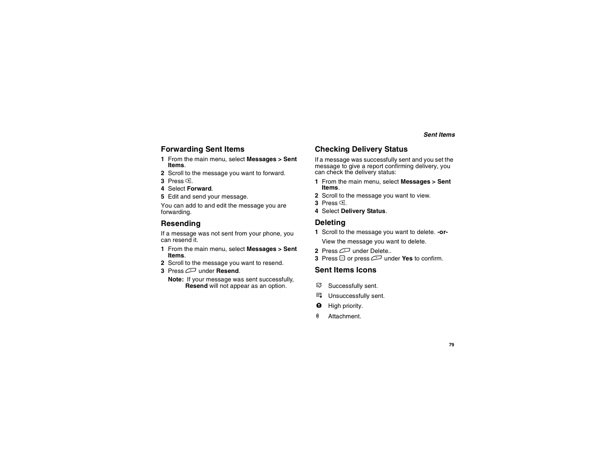 Forwarding sent items, Resending, Checking delivery status | Deleting, Sent items icons | Motorola i265 User Manual | Page 89 / 183