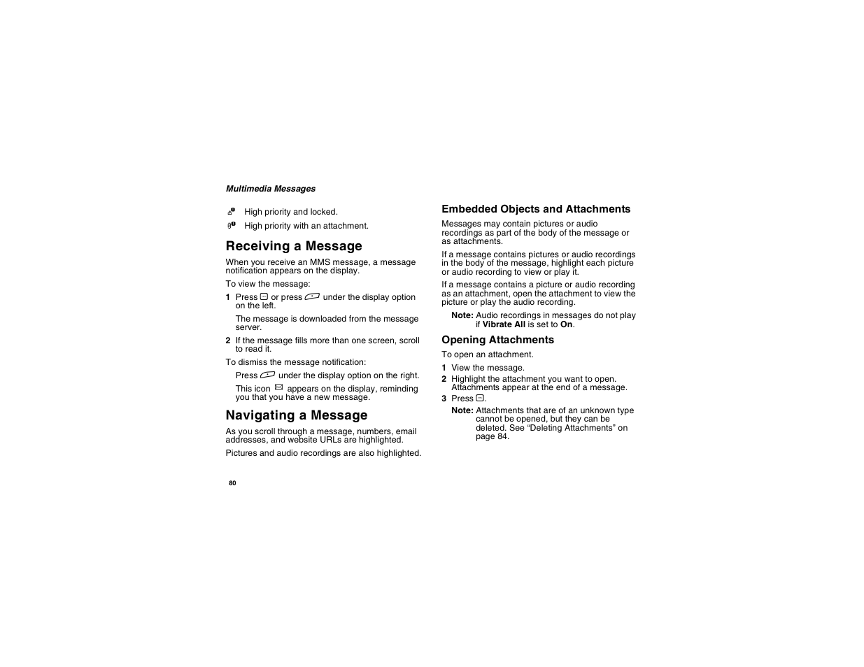 Receiving a message, Navigating a message, Embedded objects and attachments | Opening attachments, Receiving a message navigating a message | Motorola i265 User Manual | Page 90 / 183