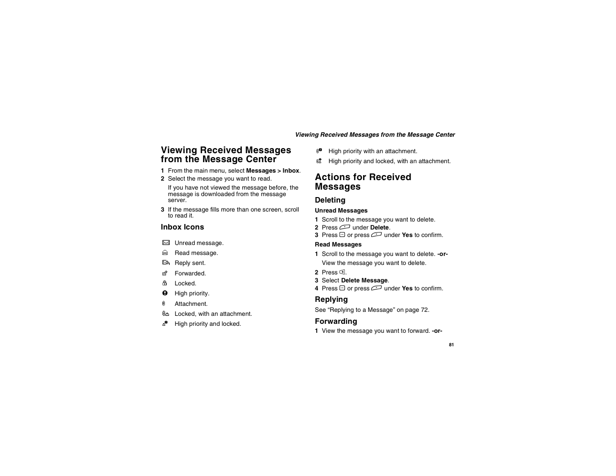 Viewing received messages from the message center, Inbox icons, Actions for received messages | Deleting, Replying, Forwarding, Viewing received messages, From the message center | Motorola i265 User Manual | Page 91 / 183