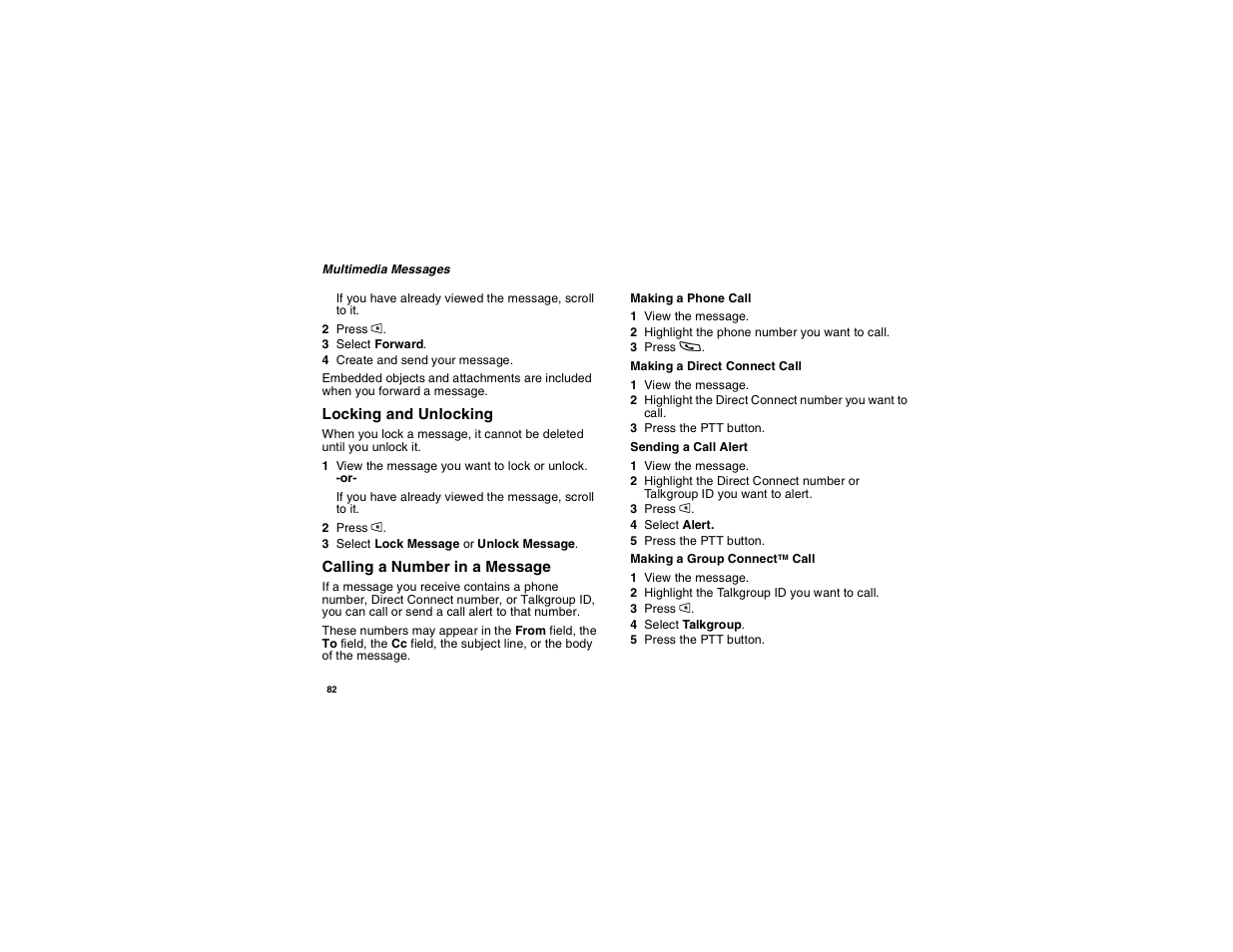 Locking and unlocking, Calling a number in a message | Motorola i265 User Manual | Page 92 / 183