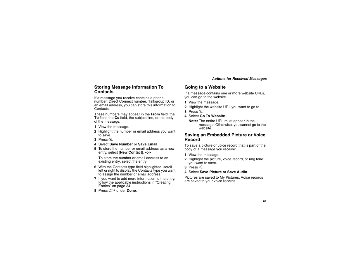 Storing message information to contacts, Going to a website, Saving an embedded picture or voice record | Motorola i265 User Manual | Page 93 / 183