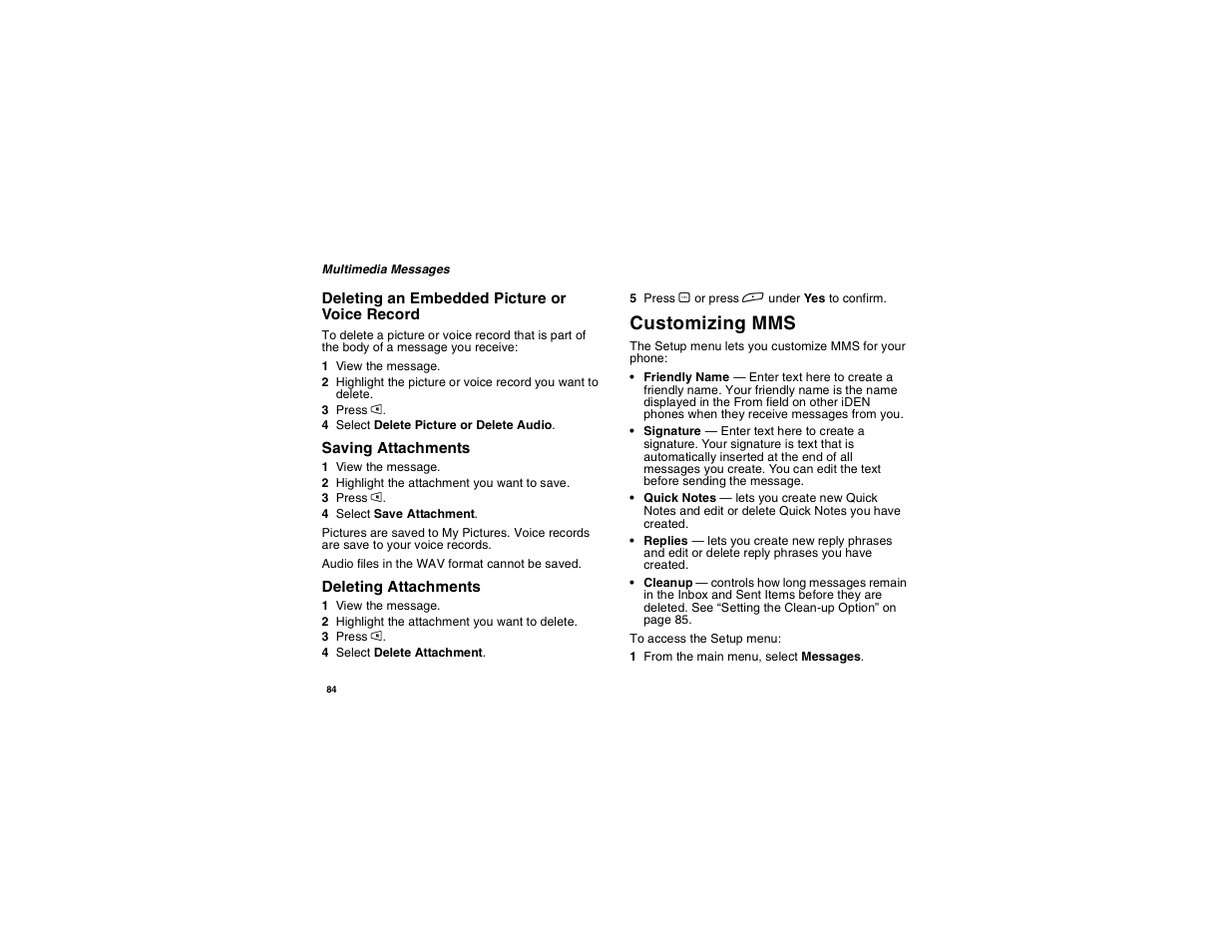 Deleting an embedded picture or voice record, Saving attachments, Deleting attachments | Customizing mms | Motorola i265 User Manual | Page 94 / 183