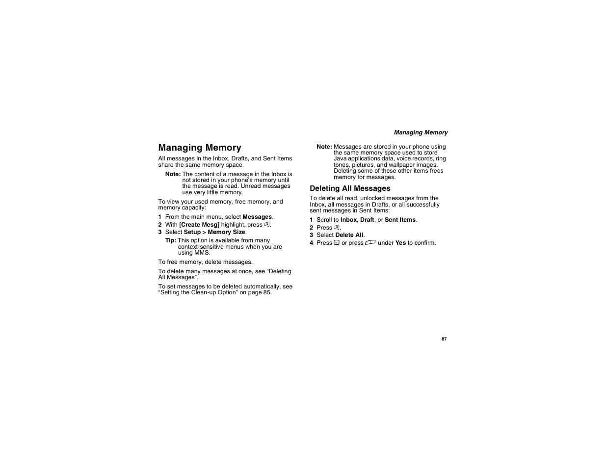 Managing memory, Deleting all messages | Motorola i265 User Manual | Page 97 / 183