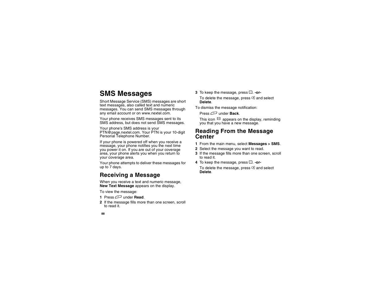 Sms messages, Receiving a message, Reading from the message center | Motorola i265 User Manual | Page 98 / 183