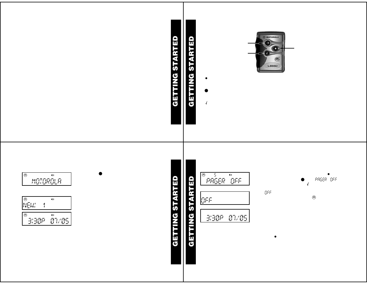 Control buttons, Backlight, Getting star ted | Motorola, New! 1, Pager off, Sending a test page to yourself, Turning your pager on, Turning your pager off backlight | Motorola LS550 User Manual | Page 2 / 12